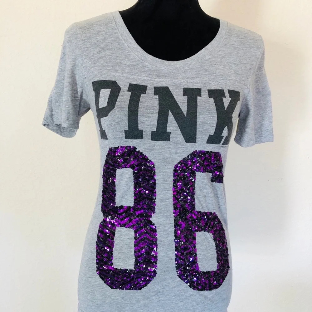Victoria's Secret Gray Tee with Purple Sequin Accents - Picture 1 of 5